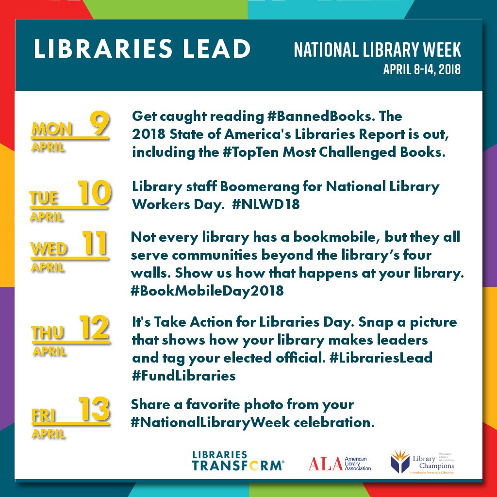 ALALibrary's tweet photo. #NationalLibraryWeek starts tomorrow (April 8), and we're excited! Here are some hashtags and post ideas to follow along throughout week. More NLW resources at: https://t.co/GMyGtbwUX0
#LibrariesTransform #LibrariesLead https://t.co/C25WgxDA8Y