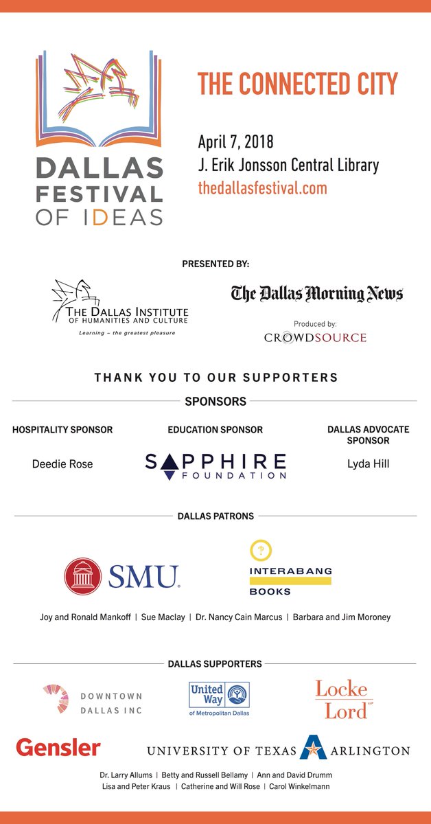 dallasideas's tweet photo. Thank you to the sponsors and supporters who made the 2018 Dallas Festival of Ideas possible #DFOI2018 https://t.co/iRmtsC2gPv