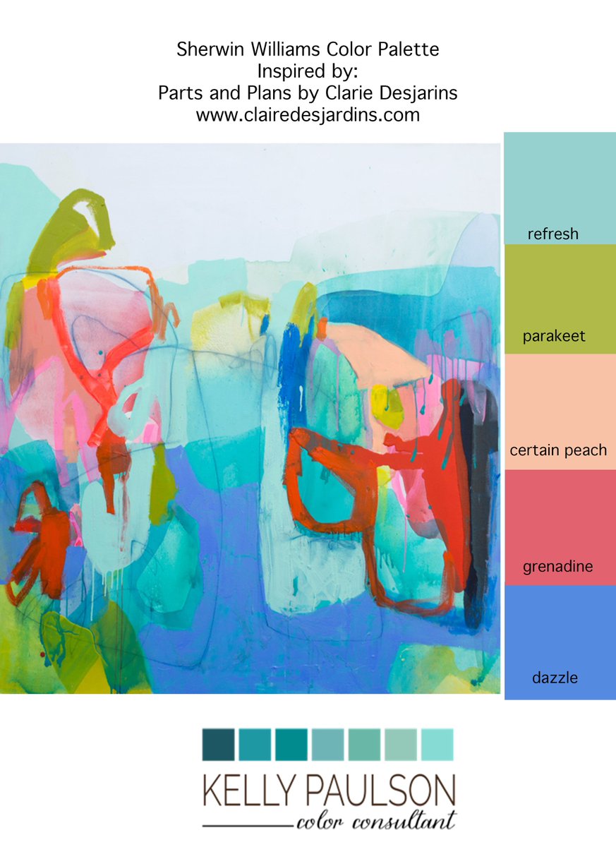 URColorConsult's tweet image. Claire Desjardins, is one of my favorite artists. She pulls together color in a beautify story, weaving it in and out of the canvas. Playful and fun, I just had to share her work with you. I've pulled out a couple of colors from SW #art #ClaireDejardins #yourcolorconsultant