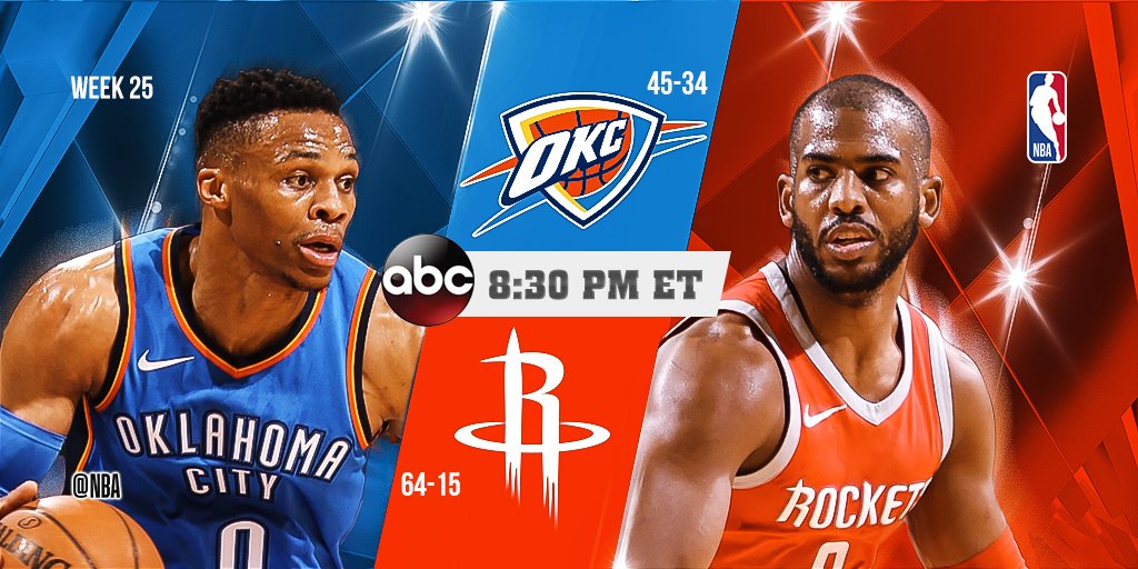 NBA's tweet photo. Tonight's #NBAonABC Primetime action features @okcthunder/@HoustonRockets at 8:30pm/et! https://t.co/8xZLQdQyn6