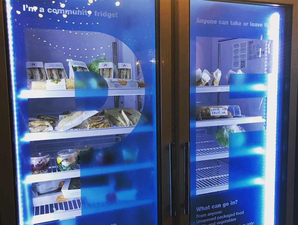 PeoplesFridge's tweet photo. This evening we’re celebrating the help from our friend Dan, food donations from our local @Pret and our lovely new window stickers. Come and see our new look! https://t.co/MDv2mIB381