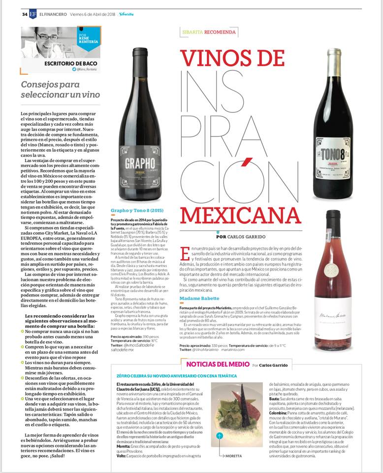 En #SibaritaEF, sección gastronómica del periódico <a href="/ElFinanciero_Mx/">El Financiero</a> , hay una linda nota sobre nuestros vinos Tono8 y Grapho con su añada 2015.
Te invitamos a adquirir el suplemento para leerlo en vivo y a todo color.
 
Muchas gracias a #SibaritaEF por esta maravillosa sorpresa.