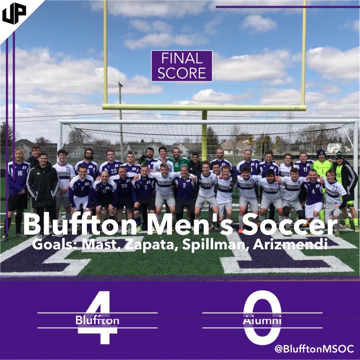 BlufftonMSOC's tweet photo. Grateful for @Blufftonalumni and the ability to kickoff the spring season with them! Looking forward to next weekends spring matches. Goals from Mast, Spillman, Zapata, and Arizmendi. #blufftonsoccer #BlufftonU https://t.co/Q9JUYBL1BJ