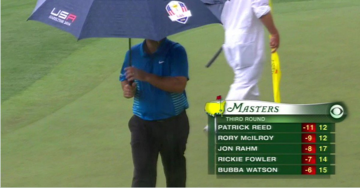 Patrick Reed is using a USA Ryder Cup umbrella at the Masters. Because *of course* he is 🇺🇸: glfdig.st/F0P3qUR