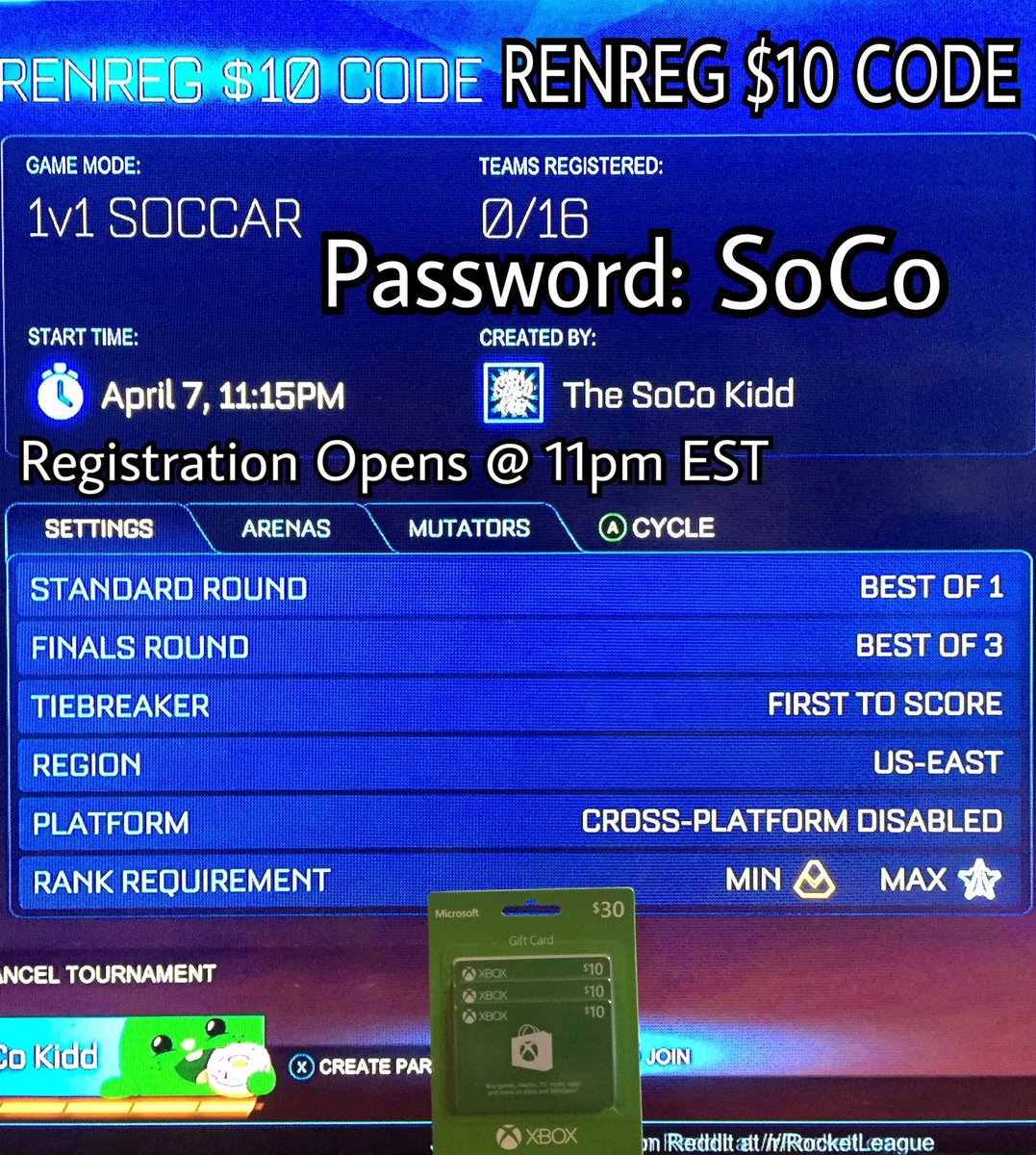 TheRenReg's tweet photo. Want a chance to earn yourself a $10 XBL code? Renegade Regiment will be hosting &amp; streaming a 1v1 Rocket League tournament TONIGHT &amp; the winner will walk away with the code! Registration opens at 11pm EST! (XBOX ONLY!) 
https://t.co/rqvmh4QniL https://t.co/TjtXVoPXX3