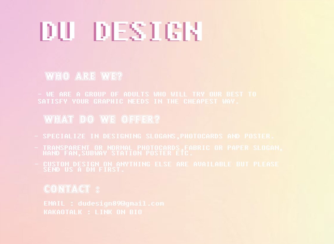 DUdesign89's tweet photo. DU DESIGN NOTICE ⚡️
We are welcoming anyone who needs help in designing !
Don't be hesitate to hit us up anytime! 💛

Inquiries:  https://t.co/gDpll9fWN3 or you can DM us!

#디자인커미션 #DesignCommission #FanGoods #DUdesign https://t.co/DO19xFF1Ag