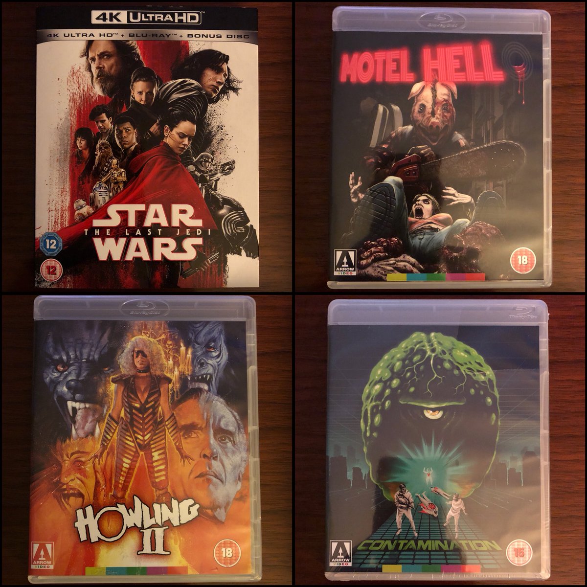 MovieCaveDave's tweet photo. Bit Of MovieCavePost,
The Last Jedi: (4K UHD Not Seen This Yet, Can’t Wait) Motel Hell, Howling II, Contamination, Bad Moon, Daddy’s Home 2, 2 Hi Def Ninja Pins From @hidefninja 
#BluRay #BluRays #BluRayAddict #BluRays4Life #BluTang #BluRayCollectors #Pins #PinGame #TheLastJedi https://t.co/yLUJQBZ0Me