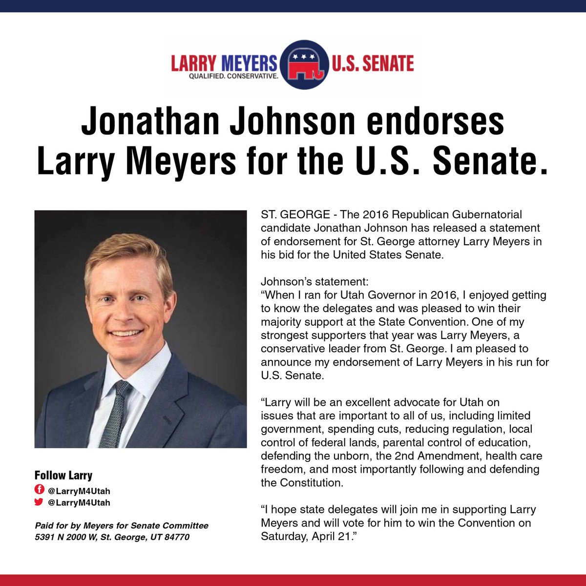 LarryM4Utah's tweet photo. Jonathan Johnson endorses Larry Meyers for the U.S. Senate in Utah. 

I am thankful for and humbled by his endorsement. I will serve the people of Utah honorably. https://t.co/W29OYJ23by