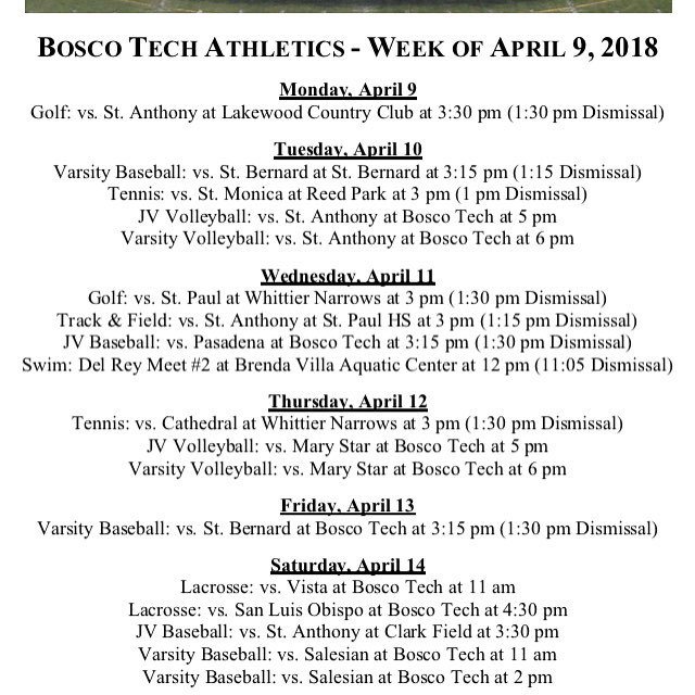 BoscoTechTigers's tweet photo. Busy week for #BoscoTech, including a loaded Saturday following Easter break!  #LetsGo #GetSome #PawsUp #ClawsOut https://t.co/j9kfMEj2Qc