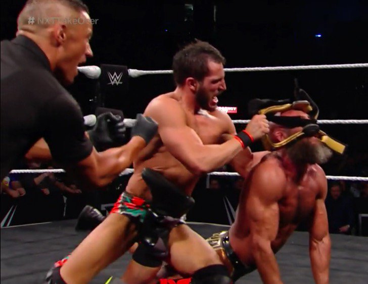 TheJoeyJustice's tweet photo. A brutal match to cap off a brutal friendship. Instead of tables, ladders &amp; chairs @JohnnyGargano  &amp; @ProjectCiampa used turnbuckles, leg braces &amp; a crutch... Oh, and a concrete floor! Incredible drama &amp; a great ending. #NXTTakeOver #NewOrleans #UnsanctionedMatch #MOTN #WWENXT https://t.co/zXRriSdsv3