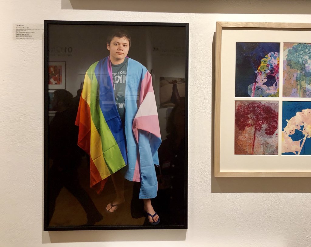 ZoePhotos's tweet photo. This piece in the #massartauction by #MassArtAlumni Zoe Perry-Wood Wyatt with #gay and #trans flags from the #BAGLY Prom Series https://t.co/fMIkiJVEAJ