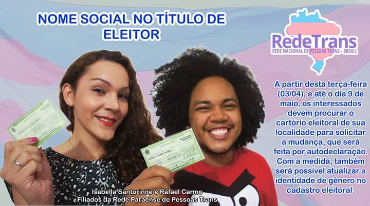 transgarte's tweet photo. Las personas #trans en Brasil podrán votar siendo reconocidas por su nombre social, pues se ha habilitado que puedan cambiar el nombre del título de elector. #Redetrans https://t.co/wMKrJoKTM4