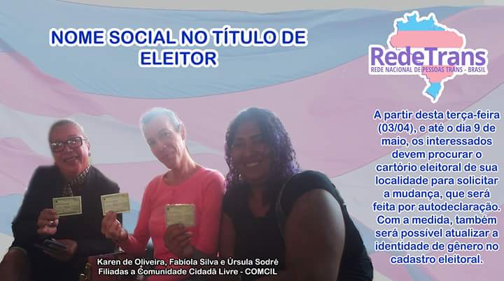 transgarte's tweet photo. Las personas #trans en Brasil podrán votar siendo reconocidas por su nombre social, pues se ha habilitado que puedan cambiar el nombre del título de elector. #Redetrans https://t.co/wMKrJoKTM4