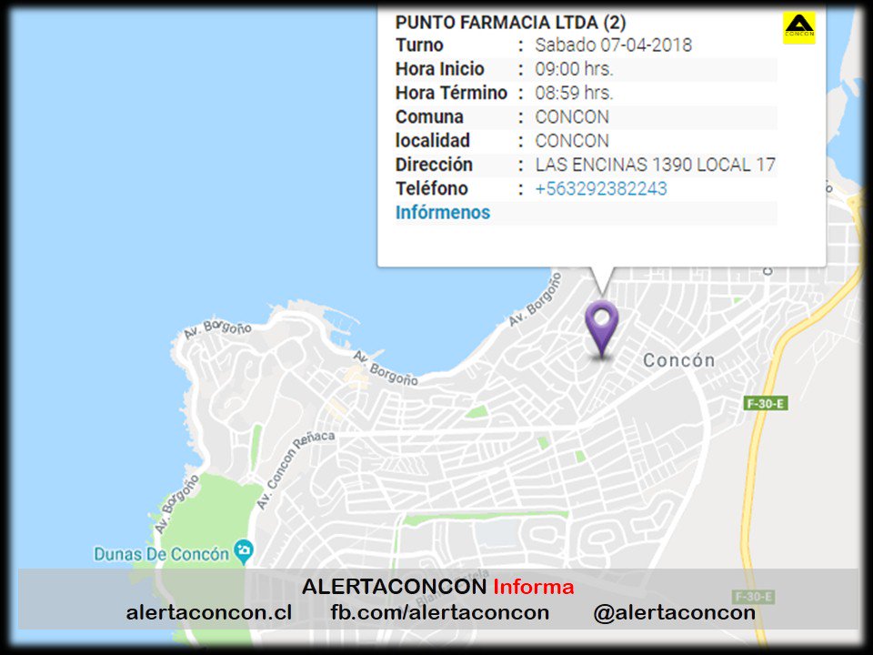 alertaconcon's tweet photo. FARMACIA DE TURNO CONCON
#AlertaConcon #AlertaConconInforma https://t.co/fzl9loGeyl