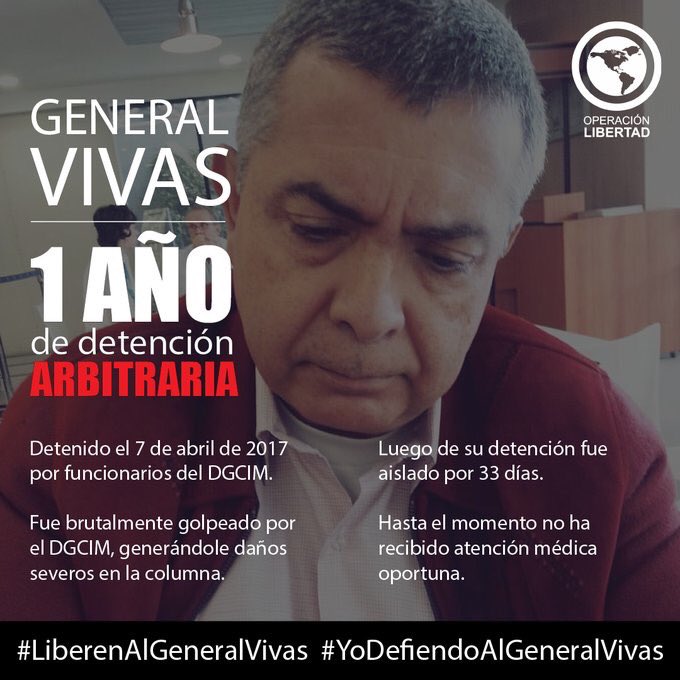 MariaCorinaYA's tweet photo. Hoy, hace 1 año, el General Angel Vivas fue apresado por la dictadura. Lo aislaron, torturaron y le niegan la atención médica urgente que requiere. Su "delito" es negarse a la ocupación cubana de Venezuela y a su infiltración en la FAN. 
#LiberenAlGeneralVivas https://t.co/jOng3qyXcP