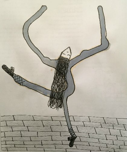 Script_Girrl's tweet image. For Art Class, I had to mix ink and water, drip it onto a page, roll the page and then draw a picture around what the ink stain. The ink rolling is the blue part of the picture. I made a 'Bird Dancer' from it. I think she is delightful!
