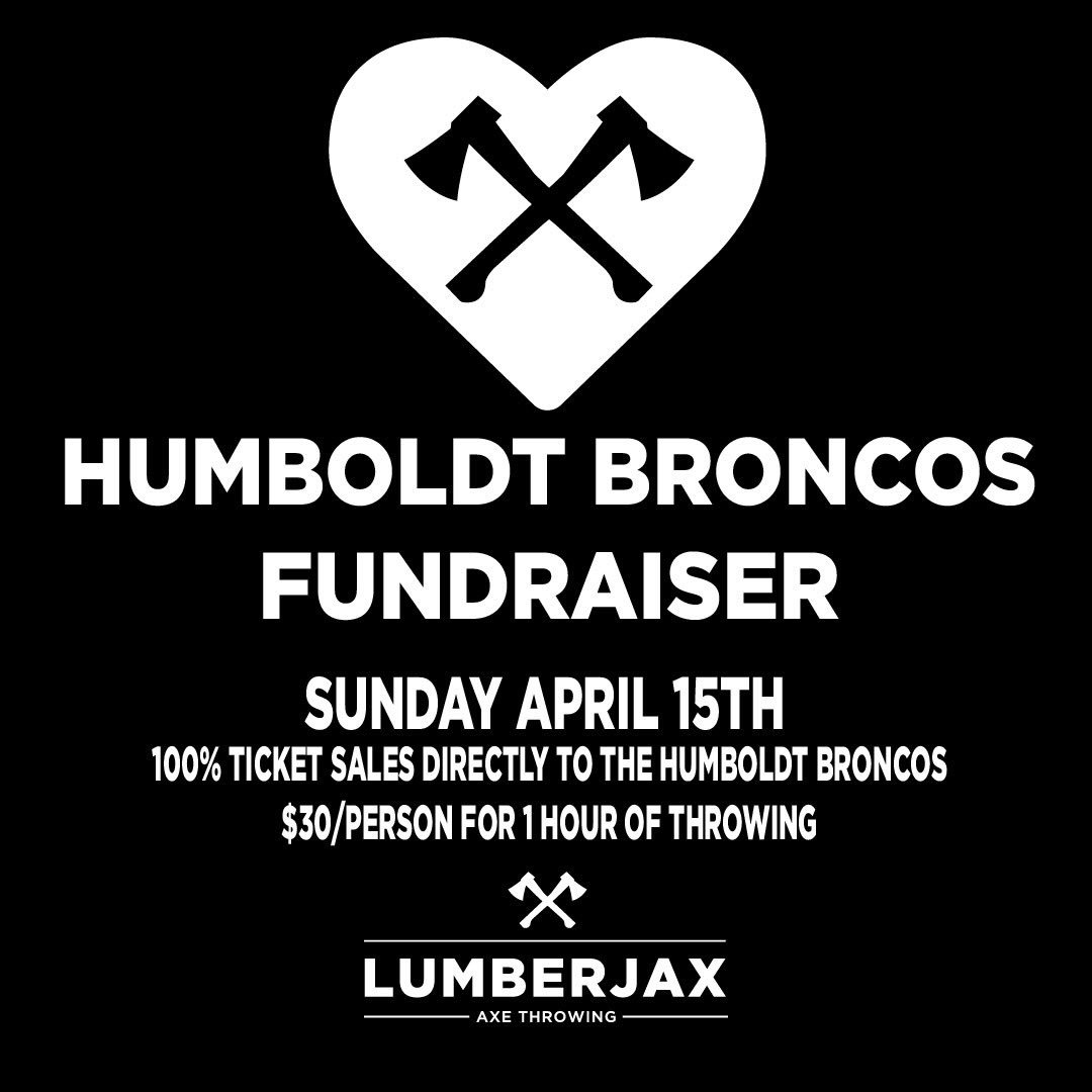 lumberjaxthrow's tweet photo. HUMBOLDT BRONCOS FUNDRAISER

Chuck an axe to help the Humboldt Broncos in a time of need.

April 15th 4:00PM - 8:00PM 

$30 for 1 hour of throwing in #YQR or #YWG 

Tickets: https://t.co/wdKeuD7YzD 

100% of proceeds go to the Humboldt Broncos

#PrayersForBroncos #BroncosStrong https://t.co/ZvKugMls46