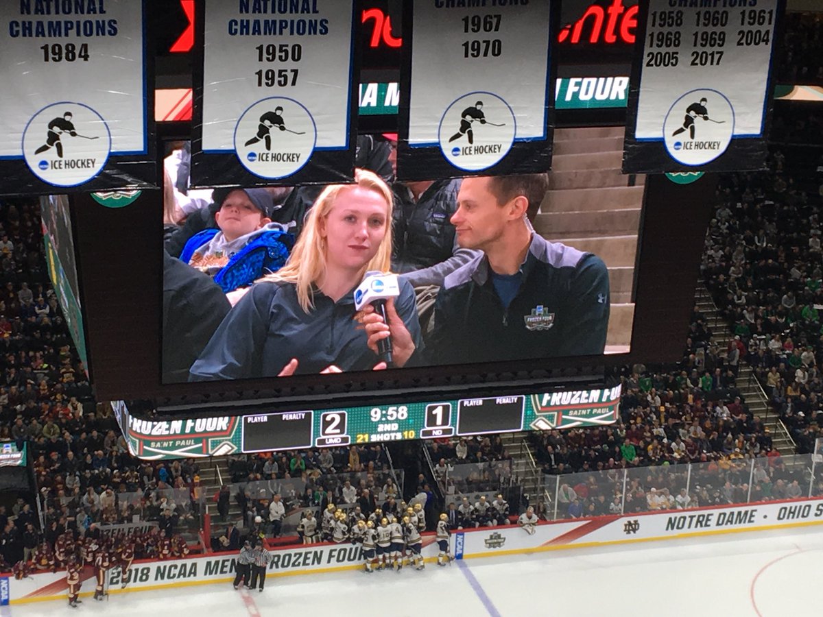 Sidney Peters (@SidderAnn) being interviewed during the <a href="/NCAAIceHockey/">NCAA Ice Hockey</a> National Championship Game tonight at the <a href="/XcelEnergyCtr/">Xcel Energy Center</a>