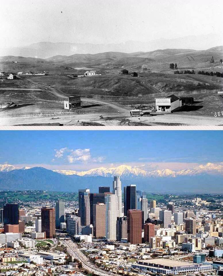 WeLikeToLearn's tweet image. Downtown Los Angeles photographed in 1901, and again in 2001, exactly 100 years later.