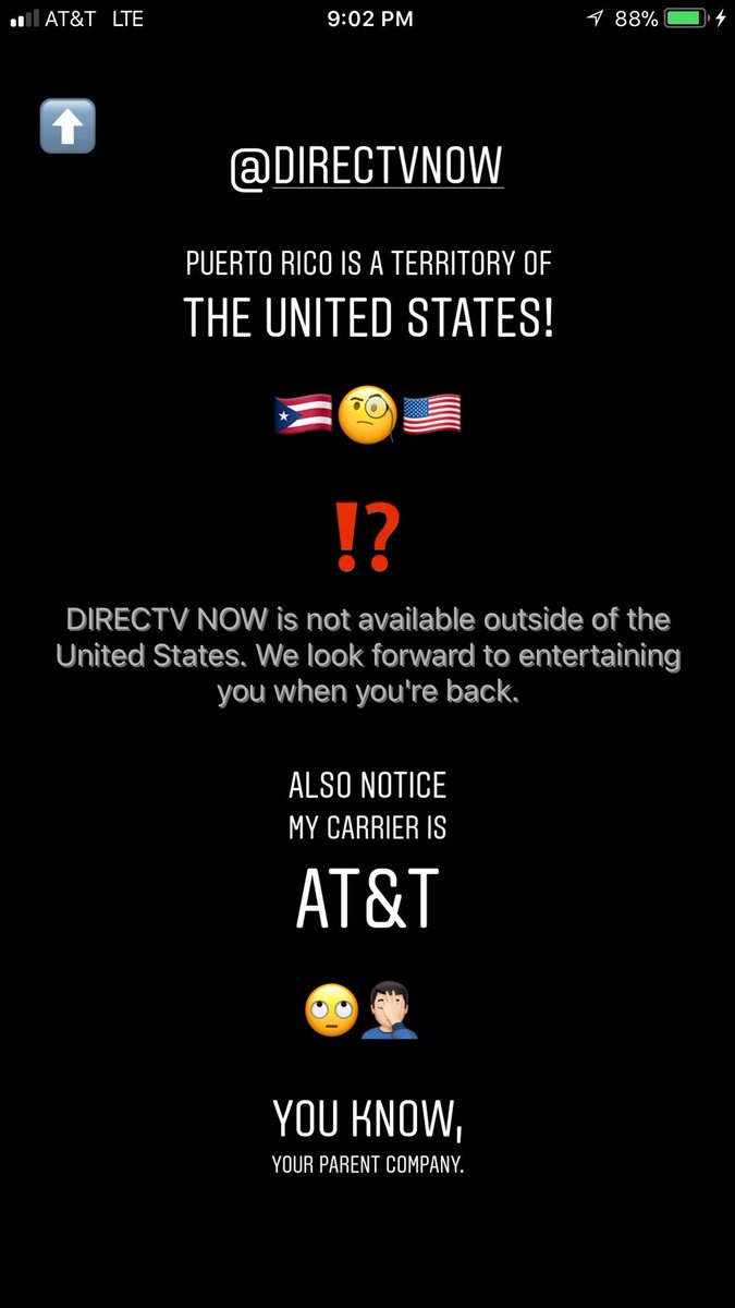 Yubal's tweet photo. @directvnow @DIRECTVNowHelp @ATT @ATTCares please fix this ASAP. #PuertoRico has had enough issues to add lack of service and entertainment to the list. 🙏🏻 https://t.co/3wmpppRW0r