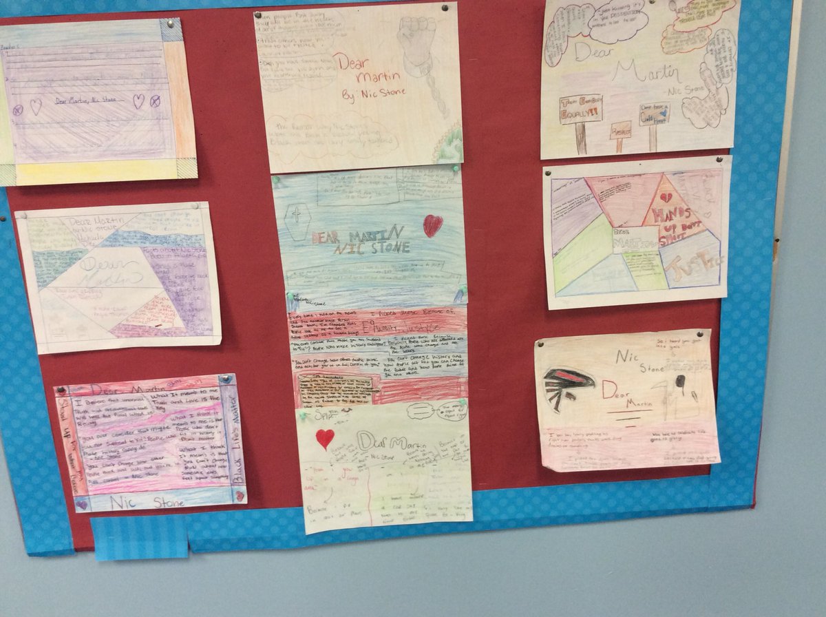 BarbGerli's tweet photo. 8th gr. readers’ 1-pagers of Dear Martin. Creative &amp; reflect an enhanced understanding of Justyce &amp; justice. #lmsbest#cpsbest https://t.co/BxUsRFz3w5