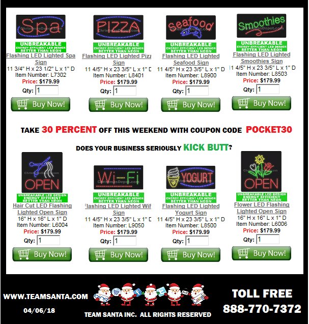 TeamSanta's tweet image. Business Is Great Why Do I Need A Sign? Custom Sign Co. Shows You Why A Business Should Have a Lighted Sign In The Window
Drastically Reduced, Now Only $126 Plus FREE Ground Shipping
teamsanta.com/business-is-gr…
#lightedsign #led #businessowner #signs #ledsigns #neonsigns