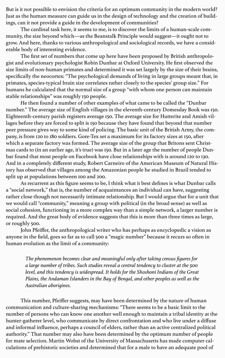 Kirkpatrick Sale on two possible sizes for the proper human community. I could add examples from he crew of ships, military units, student fraternities, even orchestras and Twitter follows.