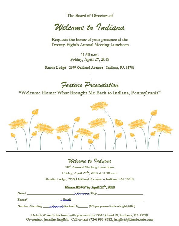WTIndianaPA's tweet photo. The Welcome to Indiana 28th Annual Meeting Luncheon will be held on Friday, April 27th, 2018 at 11:30am at the Rustic Lodge. The luncheon will honor the 2018 Image Award Winners. The theme is “Welcome Home: What Brought Me Back to Indiana, Pennsylvania”. https://t.co/nOUvLPL5PB https://t.co/9u9yDQzakd
