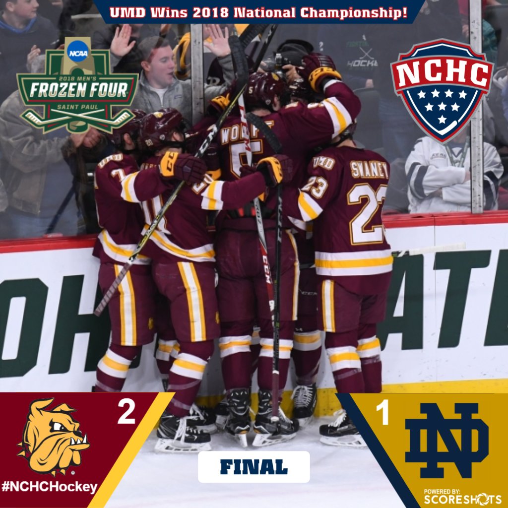 TheNCHC's tweet photo. The Bulldogs repeat history at @XcelEnergyCtr to win the program's second national championship! #BulldogCountry #NCHCHockey #NationalChamps https://t.co/tLkTmnfE6f
