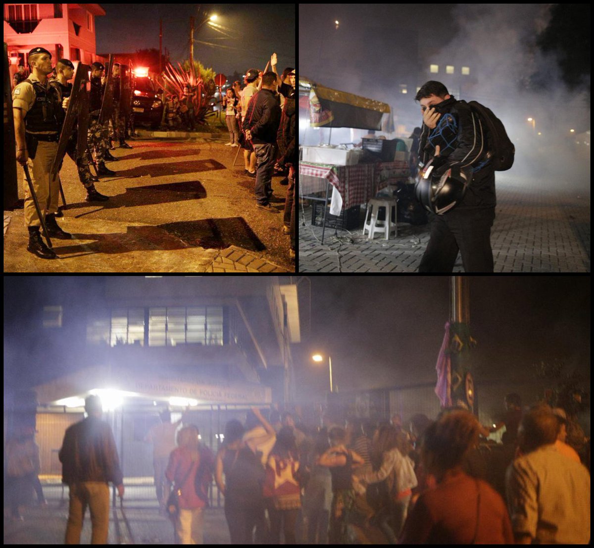 teleSURtv's tweet photo. @MST_Oficial @LulapeloBrasil @MidiaNINJA @ptbrasil #ENFOTOS 📸 | Ciudadanos son reprimidos por los funcionarios de la Policía Federal de #Paraná durante la vigila de apoyo a @LulapeloBrasil en las afueras de la cárcel de #Curitiba 

Fotos: @MidiaNINJA https://t.co/qLYnmIYYH6