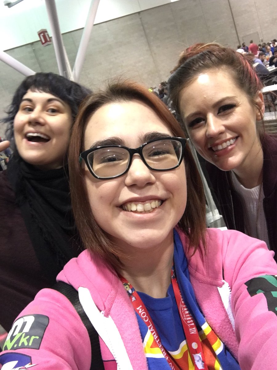 MightBeMeredith's tweet photo. Sent this photo of me meeting @AnnaProsser and @HollyConrad at PAX East today to my mom, and this is what she texted me back. Too pure. https://t.co/8dwKJ2VZBB
