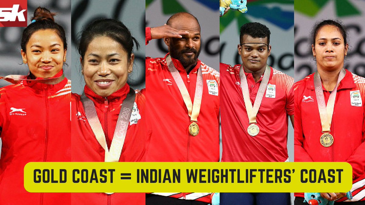 Indian Weightlifters at #GC2018...
Women:
48kg - #MirabaiChanu 🥇
53kg - #SanjitaChanu 🥇
69kg - #PunamYadav 🥇

Men:
77kg - #SathishSivalingam 🥇
85kg - #RagalaVenkatRahul 🥇