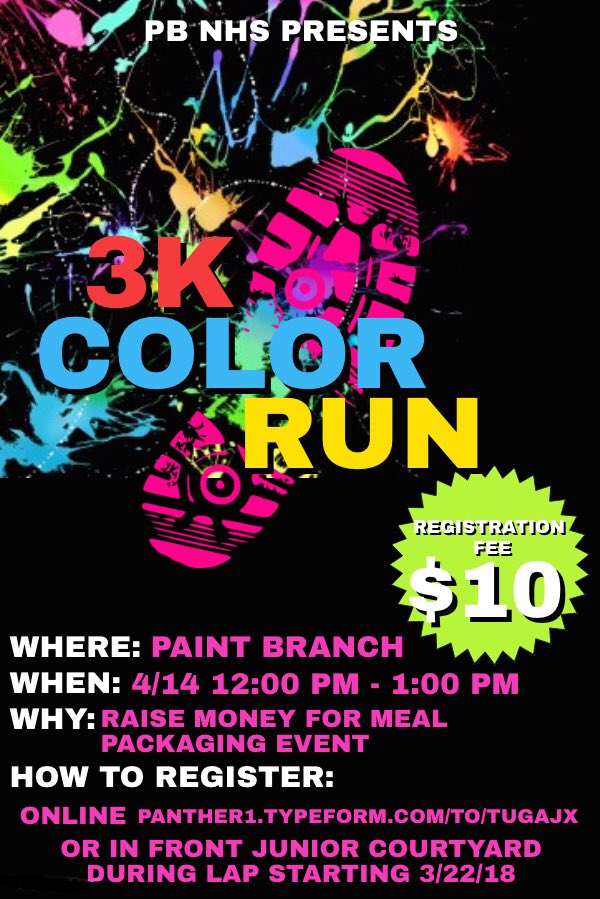 PantherNHS's tweet photo. Panthers Against Hunger Meal Packaging and Color Run Event is Saturday, April 14 right after @pbhs_sports Mulch Sale! Help those in need while having fun! Register under main stairs during LAP or online at https://t.co/ppja94tZGX https://t.co/c6j5Ts4zpe