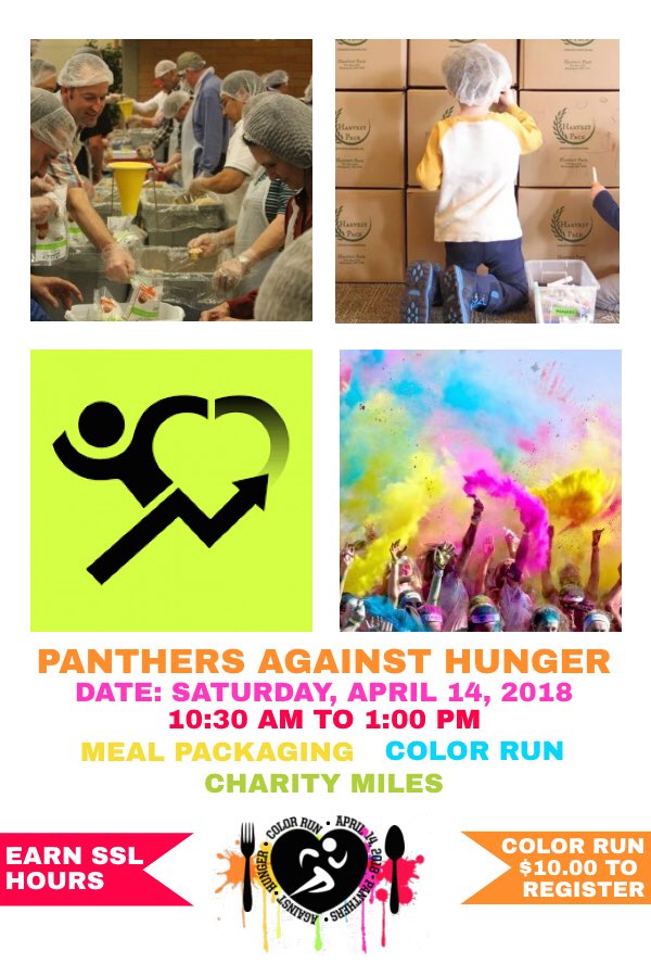 PantherNHS's tweet photo. Panthers Against Hunger Meal Packaging and Color Run Event is Saturday, April 14 right after @pbhs_sports Mulch Sale! Help those in need while having fun! Register under main stairs during LAP or online at https://t.co/ppja94tZGX https://t.co/c6j5Ts4zpe