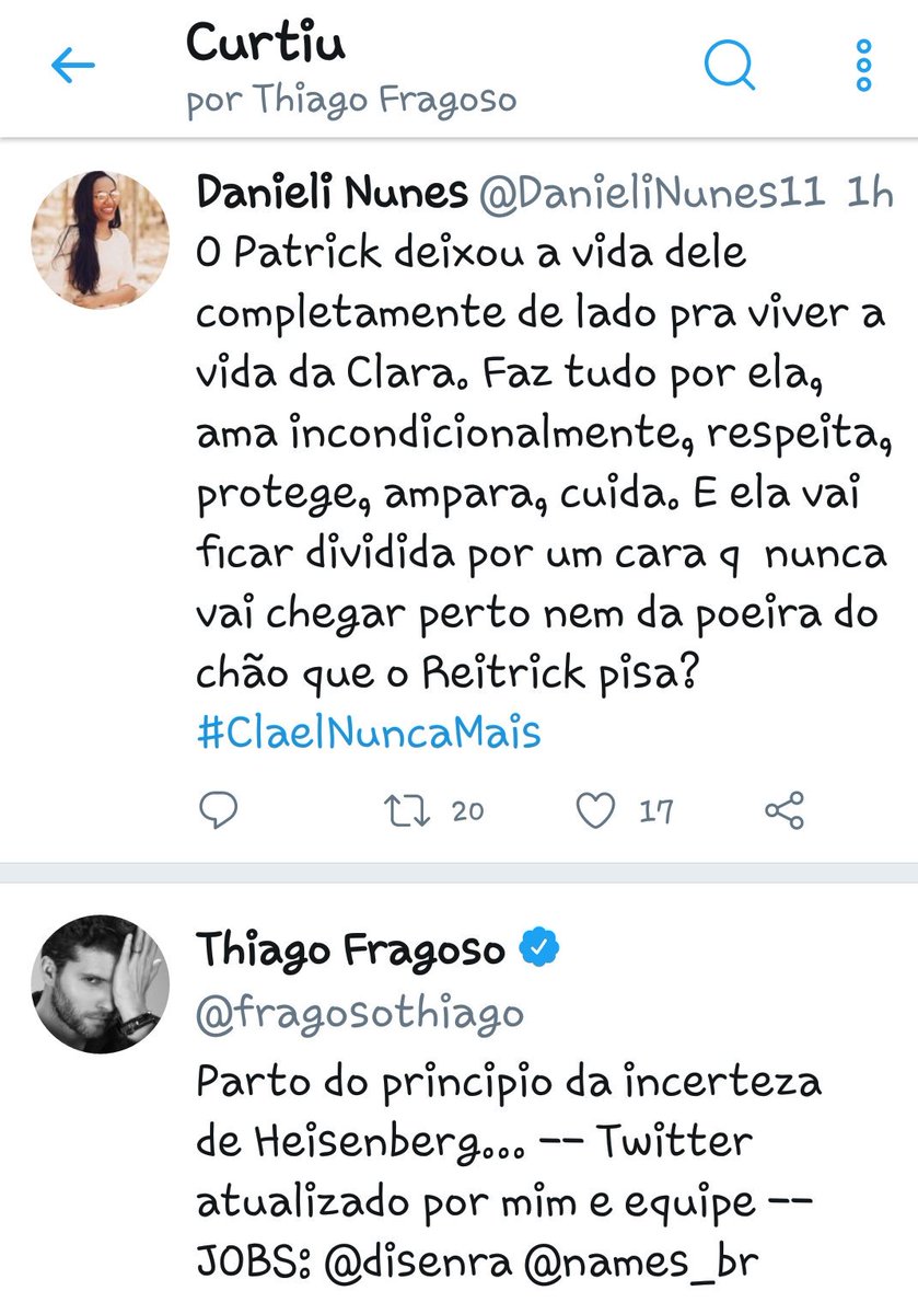 DanieliNunes11's tweet photo. Só de ter recebido 3 curtidas do Thi hoje já valeu a pena 💙
Esse apoio dele ao fandom é fundamental para mantermos nosso entusiasmo, paciência e  esperança! @fragosothiago obrigada por ser tão iluminado  🌟💙👑 
#Patrick 
#ClarickSempre 
#AtéDepoisDoFim https://t.co/1zykwBkdNa