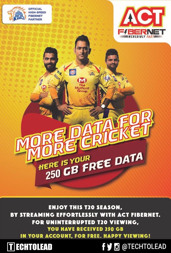 TechToLead's tweet photo. ACT BroadBand is Offering 250 GB Free Data to its customers for this IPL Season. The Free 250 GB Data will be added as a FlexyBytes + Pack and expires on 31st May. Check Your ACT Data now.

#IPL #ACT #IPLFreeData #TechToLead #TechNews https://t.co/wlGgDJZxnX