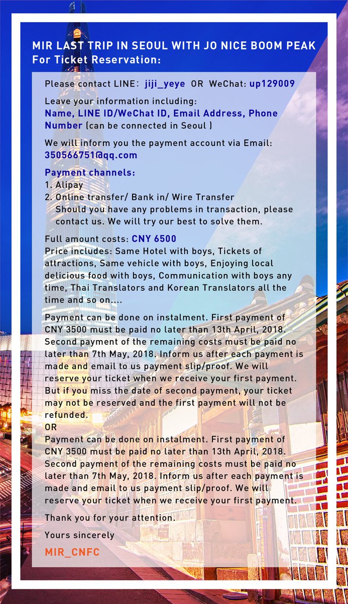 makeitrightCNFC's tweet photo. Please check details of MIR LAST TRIP IN SEOUL。 @copyAbangkok @BoomKrittapak @peakpeemapol @kavinpat_t @SMAKIDZ_ https://t.co/wcRfGmnbzX