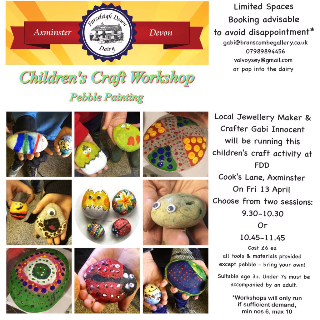 BranscombeGall's tweet photo. Kids' Craft Workshop at @furzeleighdairy #axminster next week. #kids #kidscrafts #pebblepainting #kidscraftsworkshop #craftworkshop #craftingindevon # https://t.co/uEow1ag73E