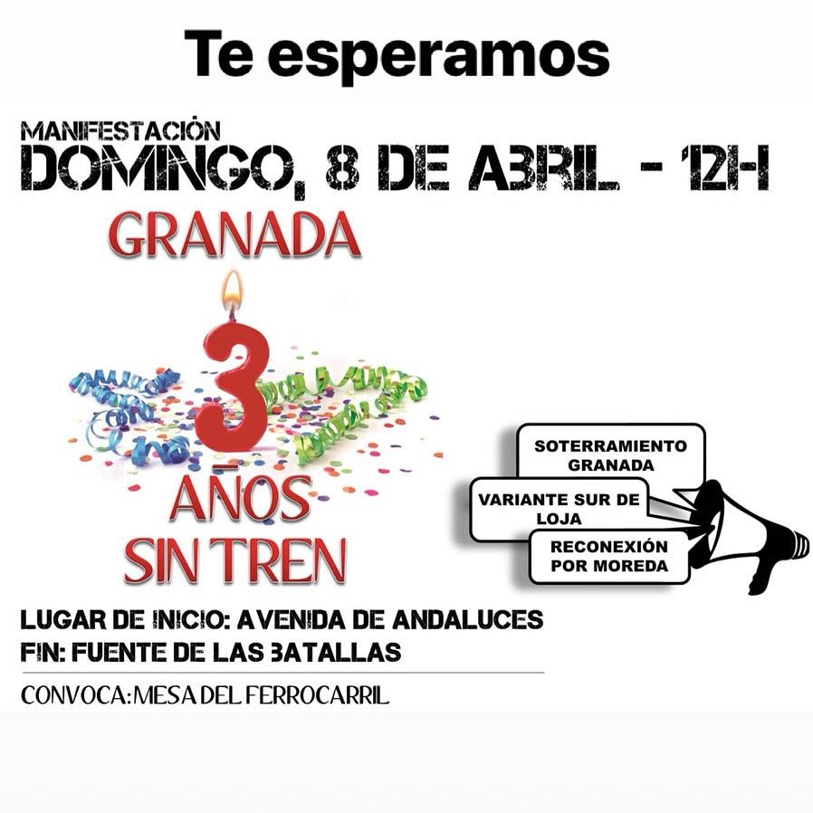 GranadaSinTren's tweet photo. Nos vemos dentro de una hora. No podemos seguir callados. #Granada no merece este trato de desprecio. #3añossintrenGR https://t.co/G8Q1DMSBiz