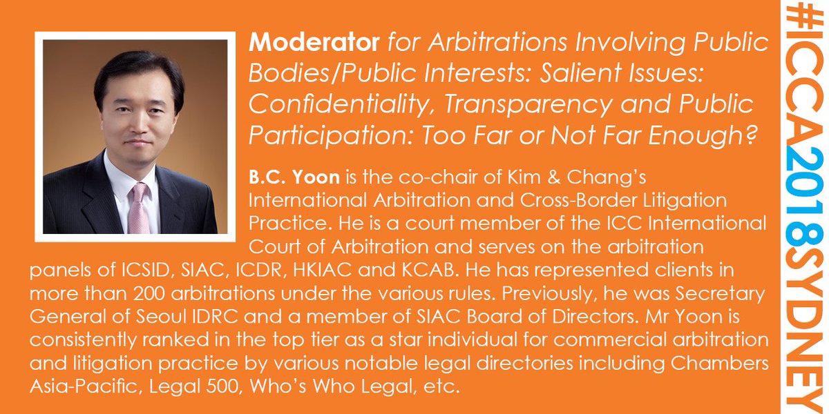 Meet the Moderator for the panel on Confidentiality, Transparency and Public Participation at #ICCA2018Sydney: B.C. Yoon. Make sure you check out the full Congress programme and registration details (last chance to register!) at: icca2018sydney.com . #MeetTheSpeakers