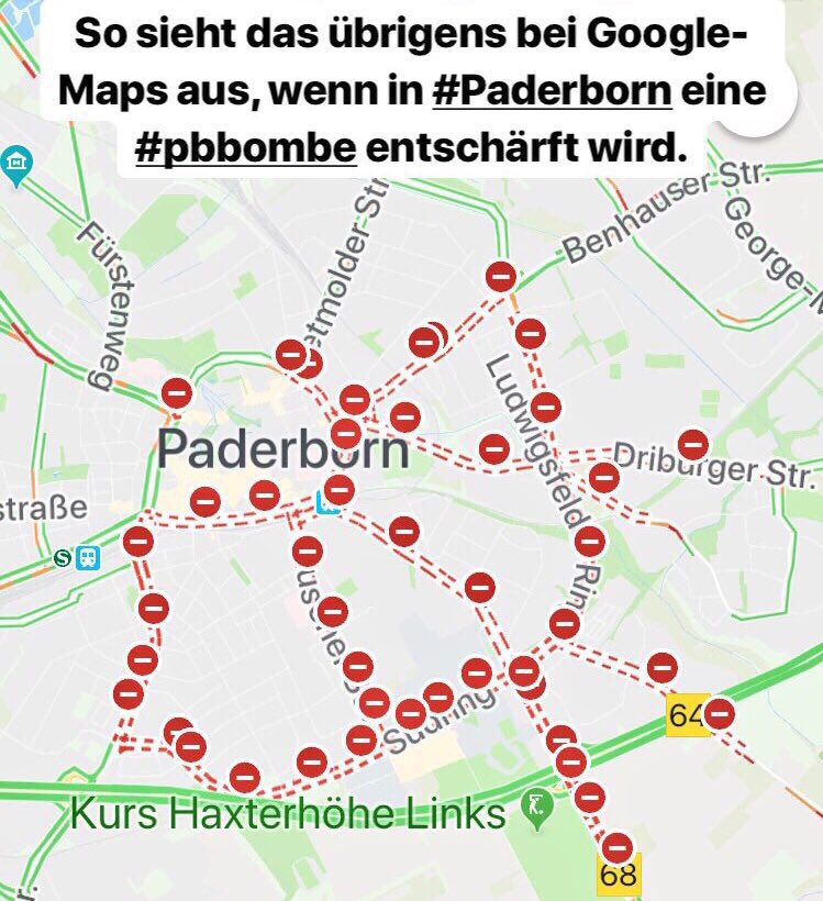 RadioHochstift's tweet photo. So sieht das übrigens bei Google Maps aus, wenn in #Paderborn eine Bombe entschärft wird. #pbbombe https://t.co/inO345Iez3