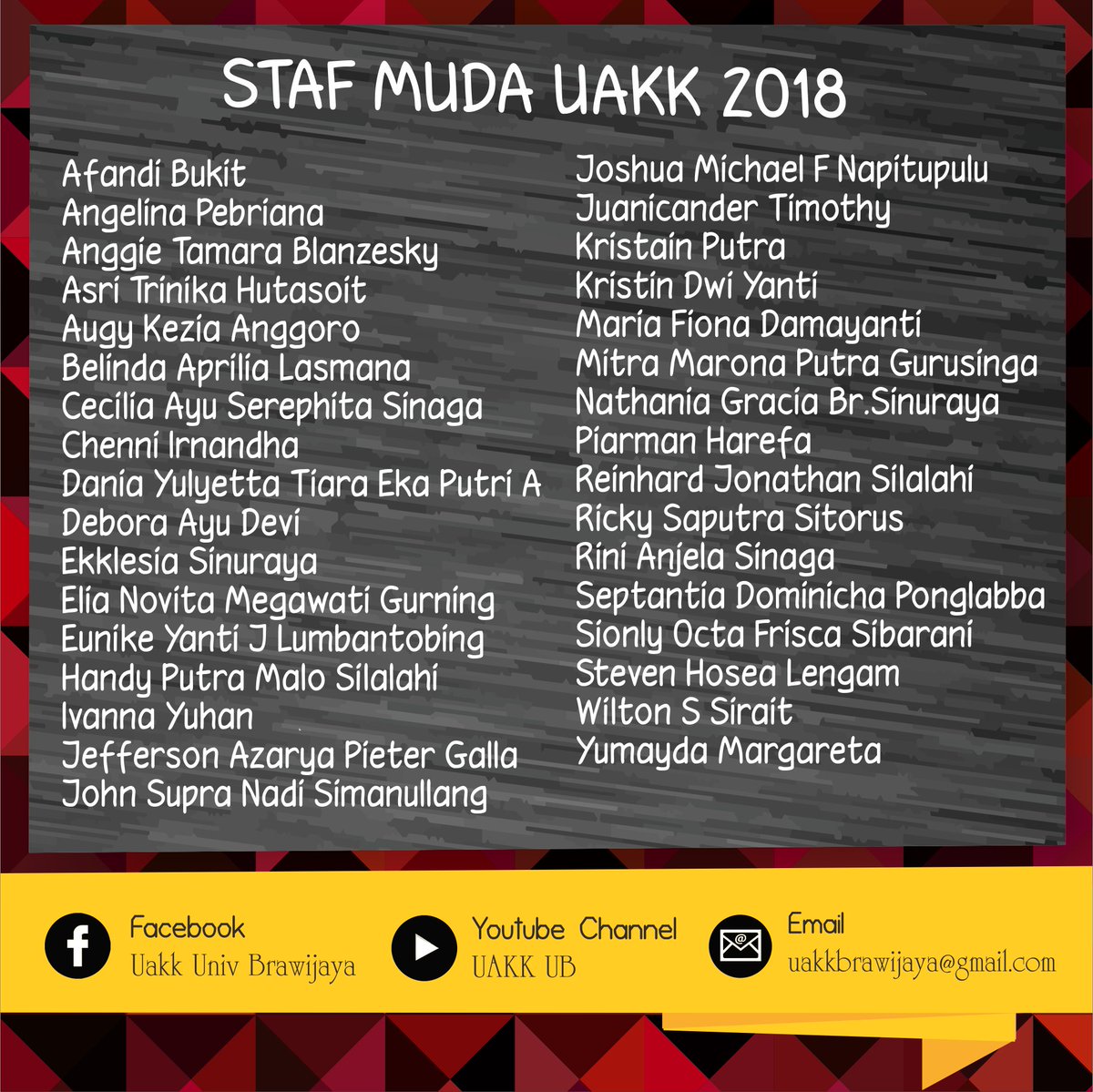 UAKK_UB's tweet photo. [ SELAMAT MELAYANI STAF MUDA UAKK 2018 ]

Shalom laskar Kristus 😘 🙏

Jreng..jreng..jreng

Selamat untuk teman-teman yang telah terpilih menjadi staf muda UAKK 2018.

Tuhan Yesus memberkati 😂 https://t.co/c8ZiPGpjaP
