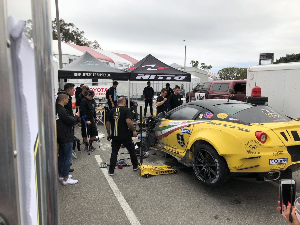 TurbologyLLC's tweet photo. Scary moment at #FDLB today for @FSceriffo. Glad you made it out safely, the car can be fixed! Pics: @mackelphip
•
#turbology #raceservice #federicosceriffo #ferrari599 #ferrari #f141 #599gtb #599gto #599 #v12 #supercharged #supercharger #drifting #drift https://t.co/kdkVuSFEjU