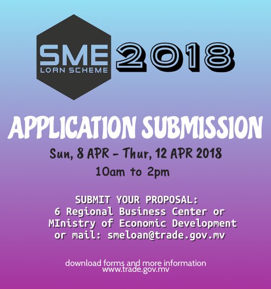 ED_Maldives's tweet photo. Submit your application for the #SMELOAN2018 from today until 12 Apr 2018 (10am to 2pm). 

You can also mail to smeloan@trade.gov.mv or submit to @EconDevMv or to 6 Regional @BCC_mv.

Iulaan: https://t.co/dDtMxgOo4q
App Form: https://t.co/rQXSTOSiWt https://t.co/J5S8Yb7bMe