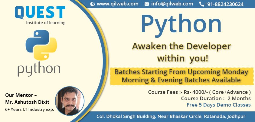 qilweb's tweet image. Mater the fundamentals of #Python in 2month.
Batches starting from this Monday.
For more details:
Call-us/Whatsapp-us: +91-8824230624
Visit us: zurl.co/LNA0n
#Pythonprogramming #programminlanguage #code #Jodhpur