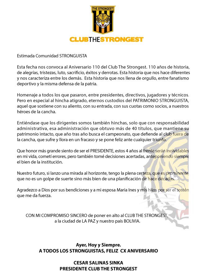 ClubStrongest's tweet photo. ¡FELICIDADES STRONGUISTA! https://t.co/U0b3CqKu3E