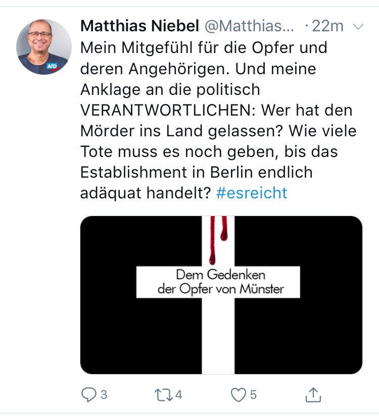 HerrMontpellier's tweet photo. @MatthiasNiebel: Was für ein widerlicher Hetztweet von Ihnen gestern zu #Muenster (natürlich von Ihnen inzwischen gelöscht). Sie haben sich verzockt, den hat keiner „ins Land gelassen“. #AfD #AfD_HD #SchandefürDeutschland https://t.co/fUlLOAbfld