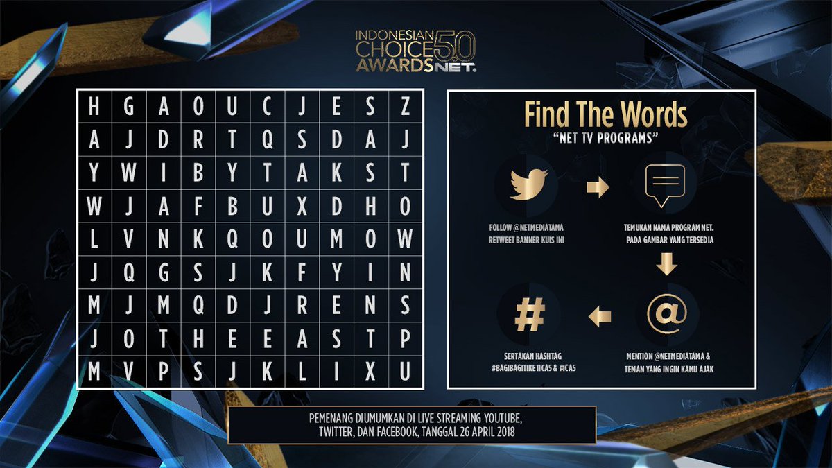 mdtvindonesia's tweet photo. Temukan nama program NET. pada gambar yang tersedia serta ikuti syarat dan ketentuannya. :)

Good Luck, Good People! #BagiBagiTiketICA5 #ICA5 https://t.co/fzBdhpi1OY