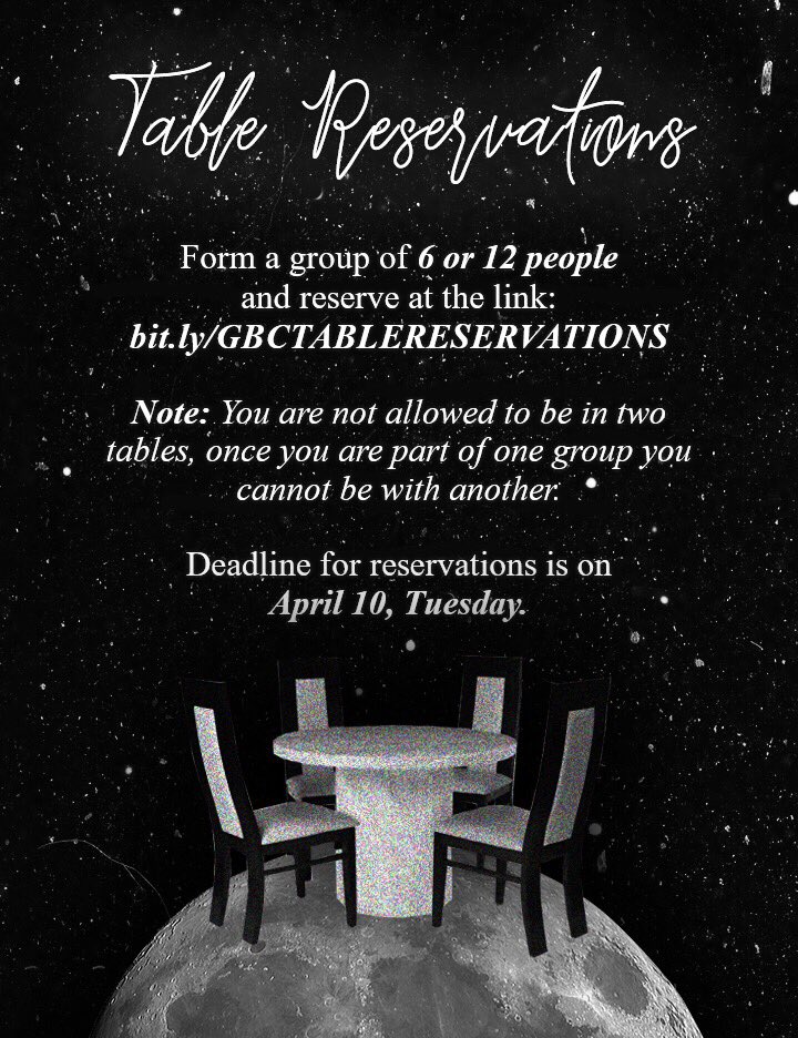 GradBallComm18's tweet photo. Start reserving a table for gradball night! Fill up the form at https://t.co/irJgOA5T1b ✨ https://t.co/Z2H4lRSHKV