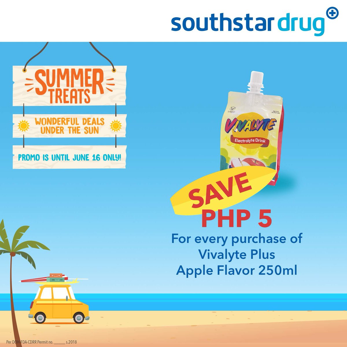 Keep yourself hydrated and minerals checked with Vivalyte Plus Apple Flavor 250ml. Save Php 5 for every purchase at any Southstar Drug store nationwide.
